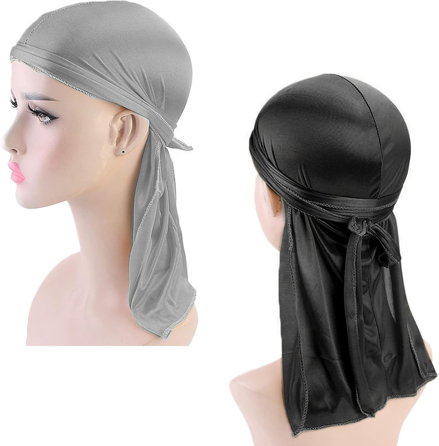 2 Pieces Long Tail Durag, Unisex Silk Durag 360 Waves Headwraps Wide Straps Pirate Hair Loss Chemo Cap Bandana Turban Hat for Women and Men Hip-Hop - Black+Grey image number 5