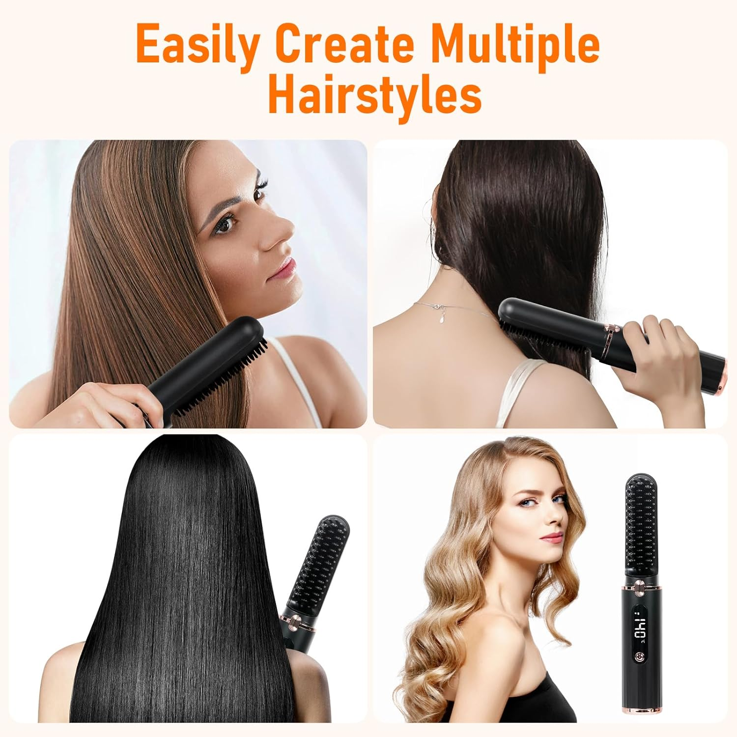 Cordless Hair Straightener Brush, Portable Hot Comb Hair Straightener Negative Ion Hair Straighteners Comb for Women 5 Temperature Beard Straightener Brush USB Rechargeable Anti-Scald Auto-Off - Black image number 4