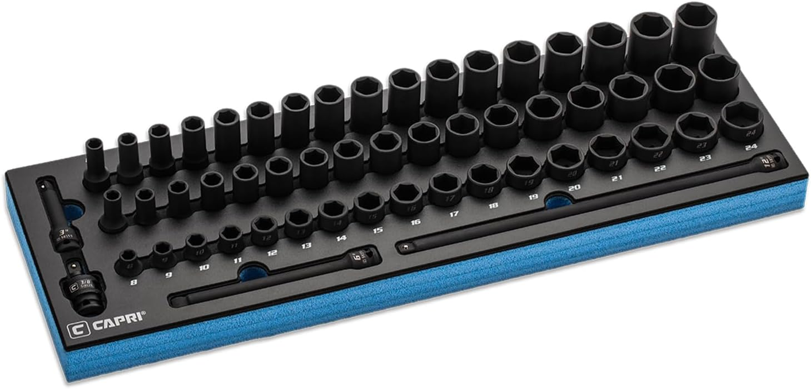 Capri Tools 3/8 In. Drive Master Shallow, Semi-Deep and Deep Impact Socket Set with Extensions and Universal Joint, Metric, 8 to 24 Mm, 55-Piece with Mechanic'S Tray image number 6