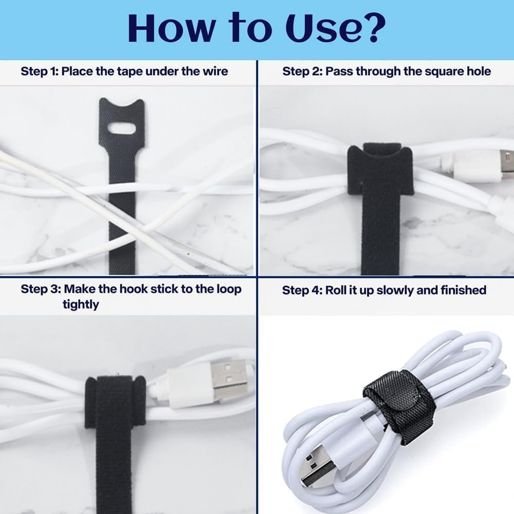 (100Pack- 8Inch) Longer Reusable Cable Ties|Cable Ties|Cable Management|Cable Tie|H HOME-MART Cable Straps Adjustable Tidy Wrap Hook and Loop Strong Fastening Organizer Cord/Cable Organiser