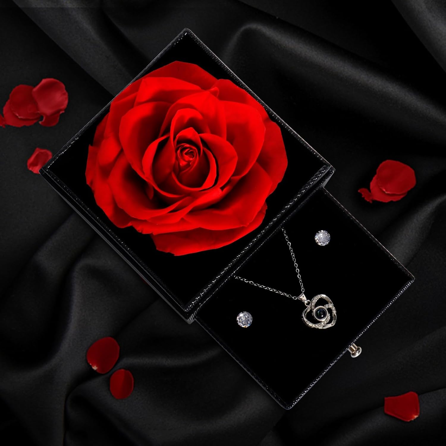 LIAN Preserved Rose Gift Box with Necklace and 925 Sterling Silver Earrings Eternal Rose Birthday Women Wife Mum Girlfriend Valentine&rsquo;S Day Anniversary Mother&rsquo;S Day