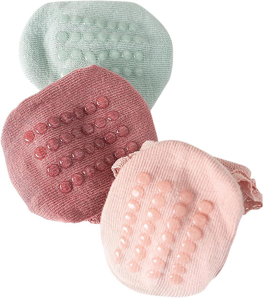 Meeshine Baby Toddler Girls anti Slip Ruffle Socks with Grips Newborn Infant Cotton Non Skid Frilly Dress Socks, 5 Packs image number 2