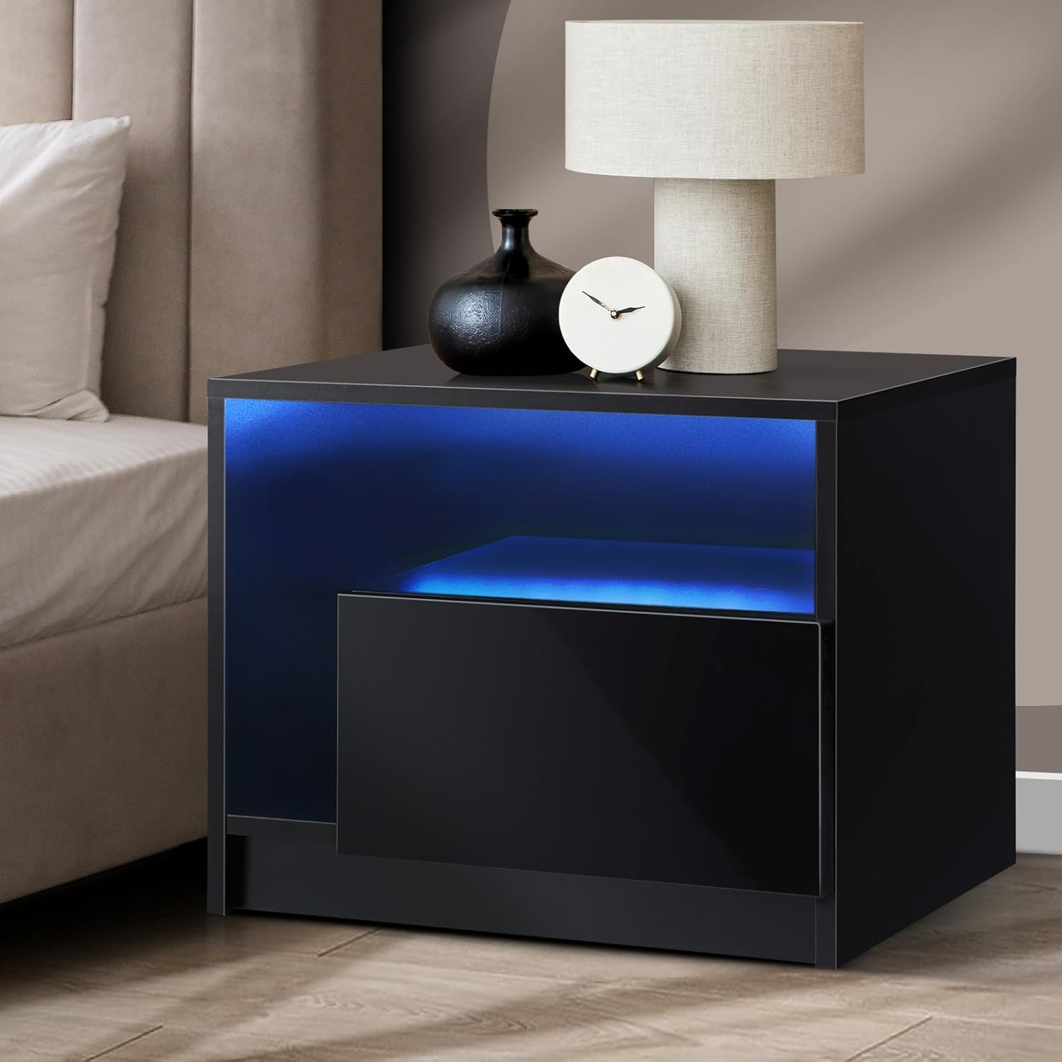 Oikiture LED Bedside Table High Gross Nightstand Drawer Home Furniture Black