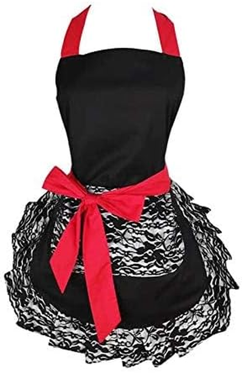 Hyzrz Cute Lace Flirty Apron with Pocket Fun Retro Sexy Cooking Aprons for Women Girls - Red image number 7