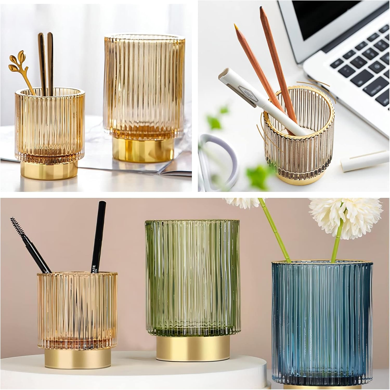 DASITON Makeup Brush Holder Organizer,Crystal Cosmetic Makeup Brush Glass Brushes Storage Holder,Vintage Makeup Brush Cup Pen Pencil Holder Striped Vase(Coffee L) image number 5