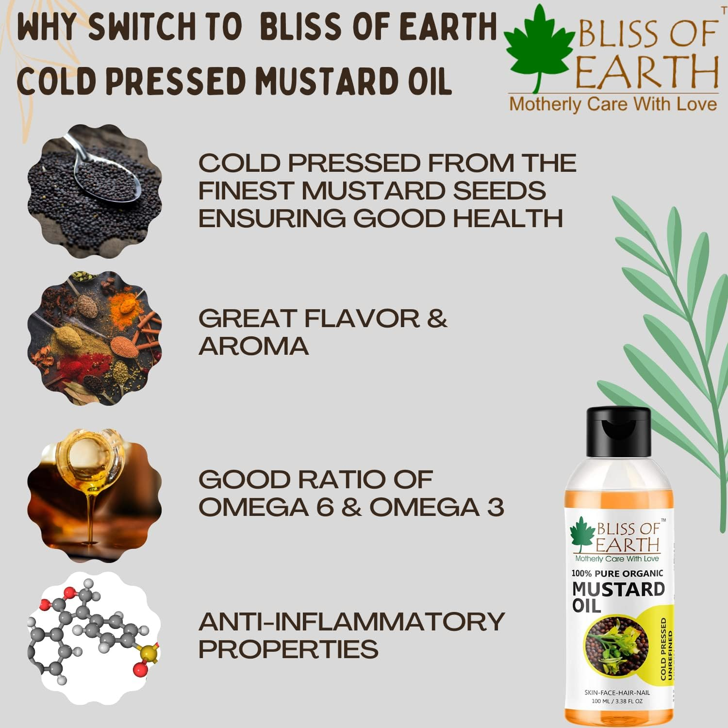 Bliss of Earth Organic Mustard Oil for Hair Growth & Baby Massage (3X100Ml) image number 1