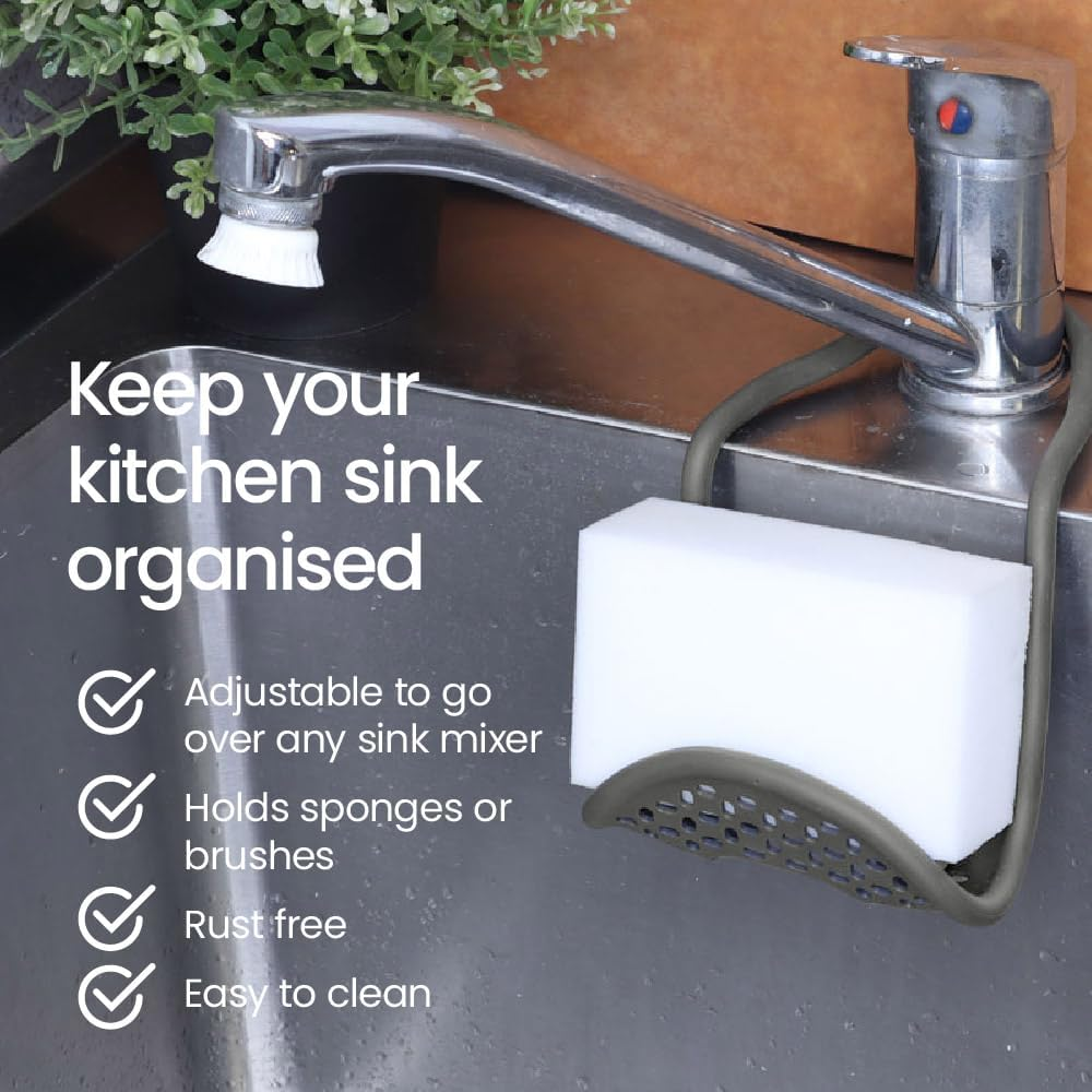 White Magic Adjustable Sink Caddy, Grey &ndash; Flexible Memory Wire Design, Rust-Free Silicone, Holds Sponges & Brushes, Easy to Clean, Compact & Durable for Kitchen Organisation