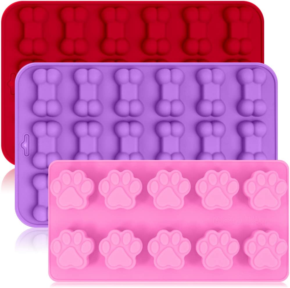 3 Pack Silicone Ice Molds Trays with Puppy Dog Paw and Bone Shape, Finegood Reusable Bakeware Maker for Baking Chocolate Candy, Oven Microwave Freezer Dishwasher Safe - Pink, Red, Purple image number 3