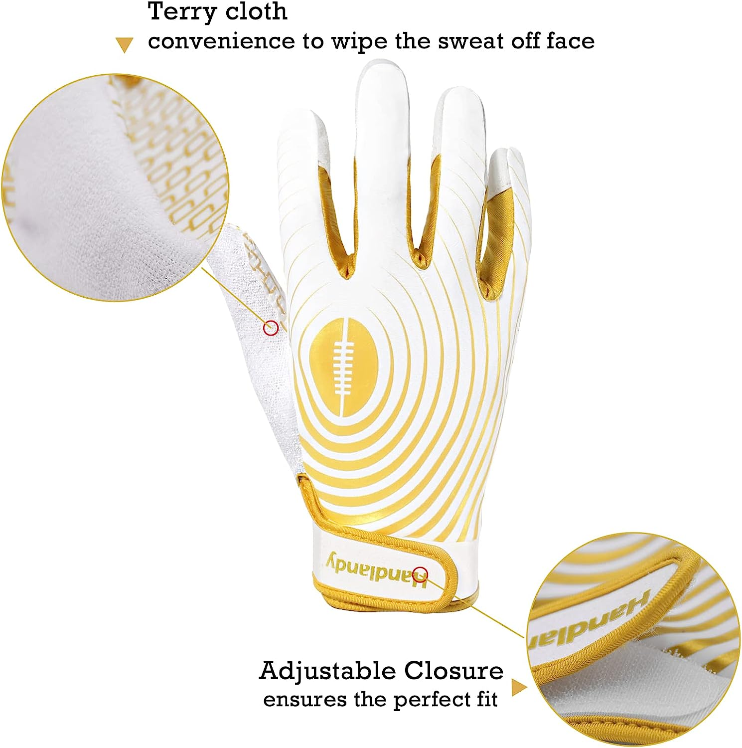 HANDLANDY Youth Football Gloves, Sticky Wide Receiver Gloves for Kids & Adult, White and Gold Stretch Fit Football Gloves (Small) image number 1