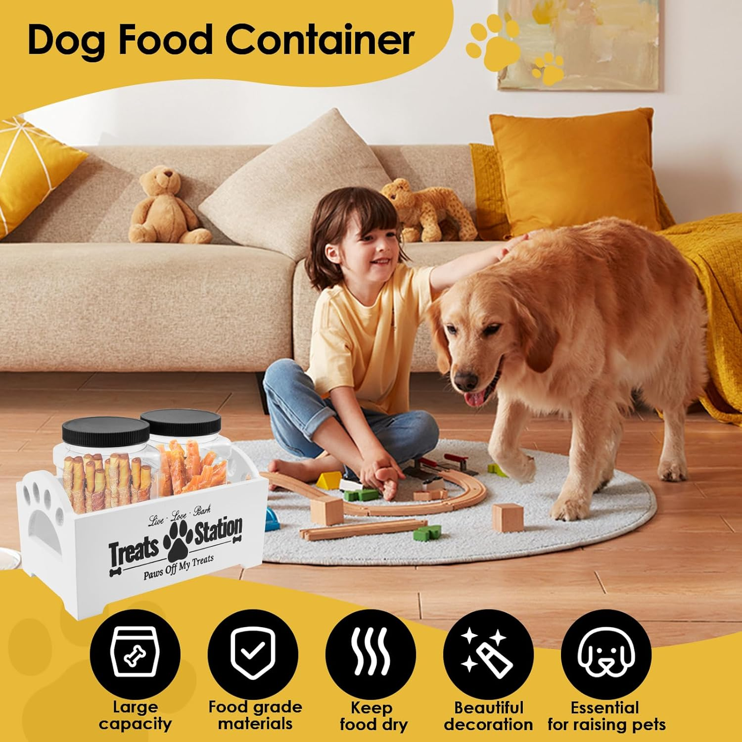 Dog Treat Container,Dog Food Storage Wood with 2 Plastic Jars,Dog Cookie Jar for Dog Food Storage for Pet Owners and Lovers (White) - Black image number 7