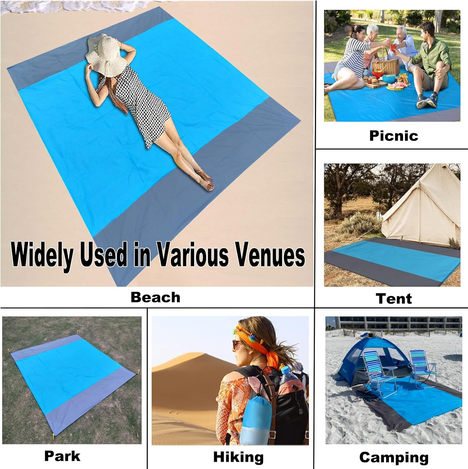 Meagtlva Extra Large Beach Blanket,Waterproof Sandfree Beach Mat,210 * 200Cm Picnic Blankets with 4 Stakes & 4 Corner Pockets,Large Picnic Mat for Travel Camping Hiking image number 4