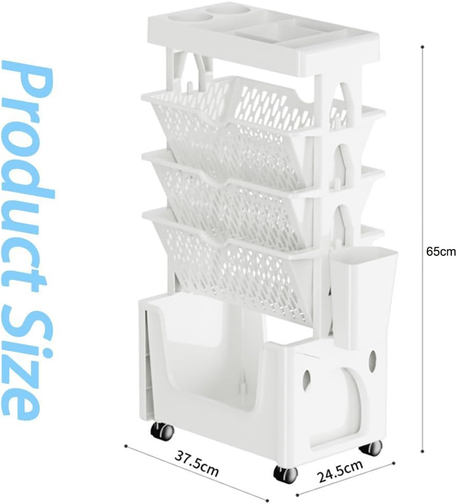 Moveable Bookshelf on Wheels, 5-Tier Mobile Book Shelf Space-Saving Rolling Cart Storage, Utility Organizer for Living Room Home Classroom School (White)