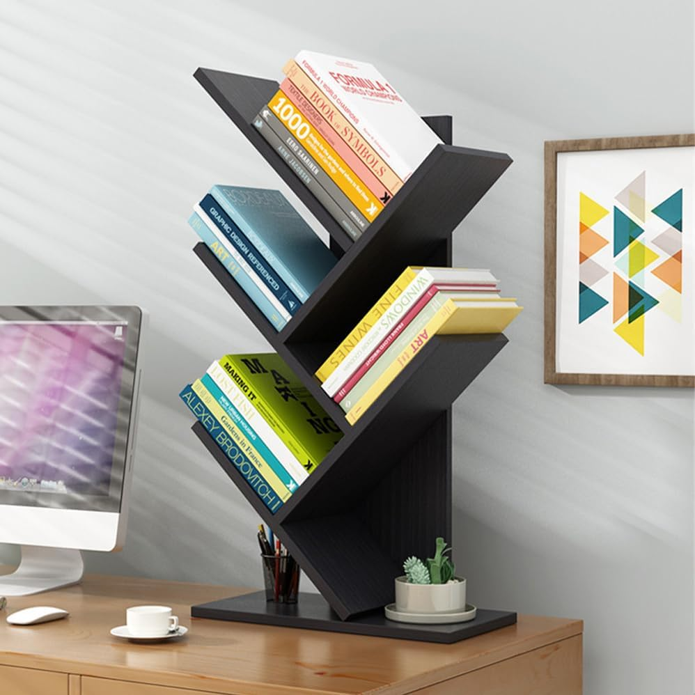 5-Tier Wood Bookshelf Tree Bookcase for Displaying Books, Cds, Magazines and More, Display Floor Standing Shelf for Books, Book Organizer Shelves at Home Office, Living Room, Bedroom, Black