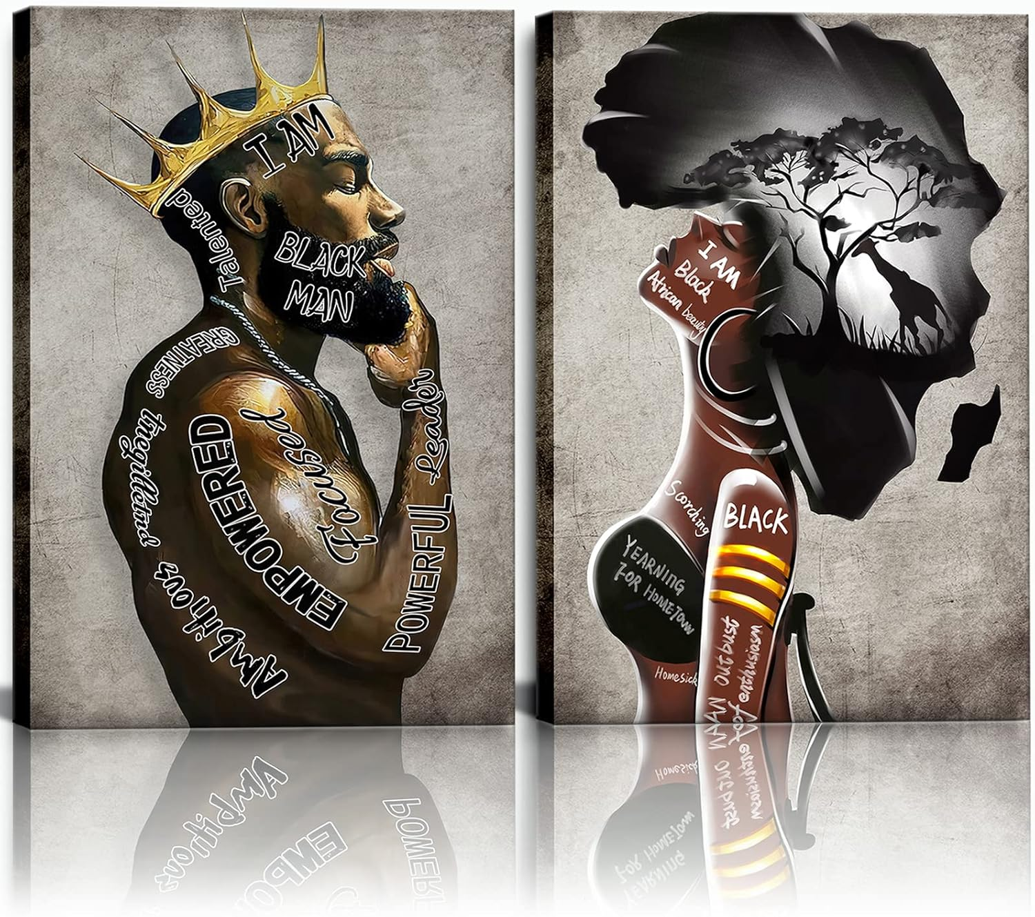 Framed Wall Art Prints Decor, African American Wall Art Black King Man and Women Coupleportrait Wall Art,Inspirational Afro Poster, Canvas Painting Decorate for Living Room, Bedroom (12"X16")