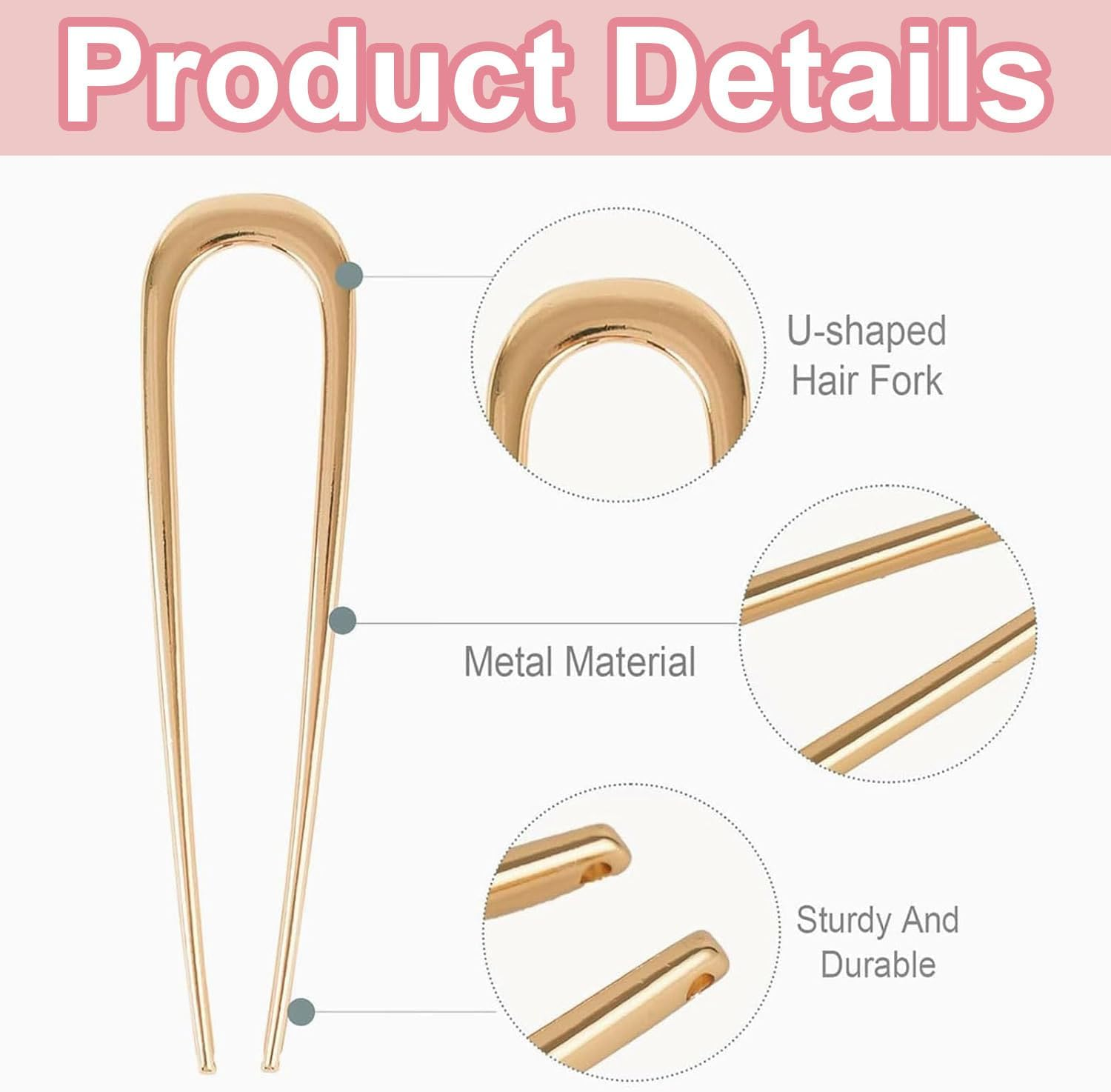 Pack of 3 U-Shaped Hair Pins, French Hairpin, 2 Prong Hair Bun Pins, Metal Hair Accessories, Hair Pin Hair Clip, Updo Hair Clips, Hair Styling Accessories for Women and Girls image number 4