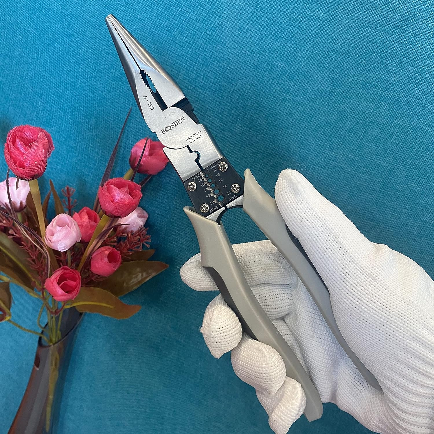 BOOSDEN Needle Nose Pliers Heavy Duty with Wire Stripper Wire Cutters Crush Crimper, 9 Inch Long Nose Pliers, Multi-Function Industrial Combination Pliers with a Portable Tool Pouch image number 3