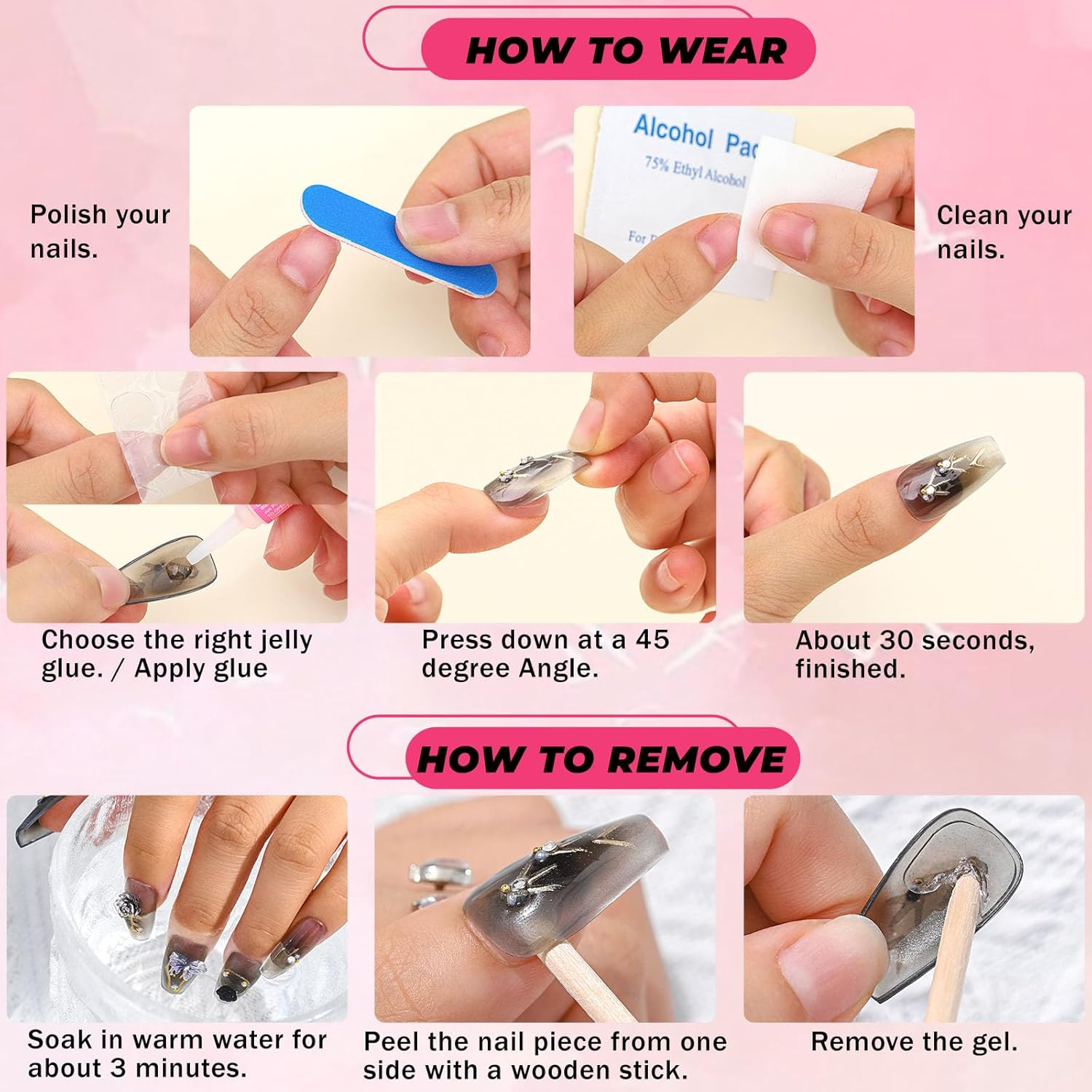 Sethexy Black Gradient Rhinestone Handmade Artificial Nail 3D Crystal Medium Coffin False Nails Sparkle Shiny Press on the Nail Salon Quality for Women and Girls (G) image number 3