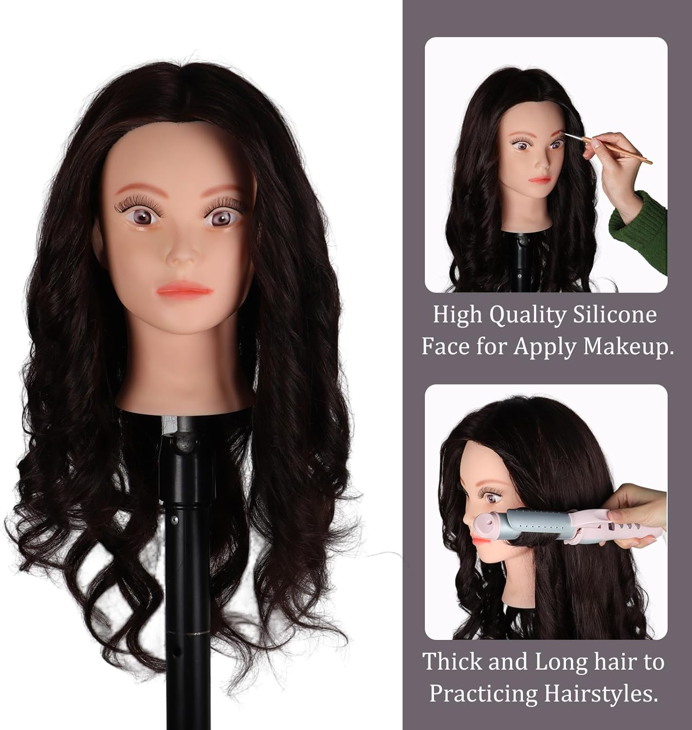 Hair Styling Training Head, 23" Dark Brown Cosmetology Mannequin Head Hairdressing Manikin Doll Head with Clamp & Styling Tools (Brown without Makeup) - Brown image number 5
