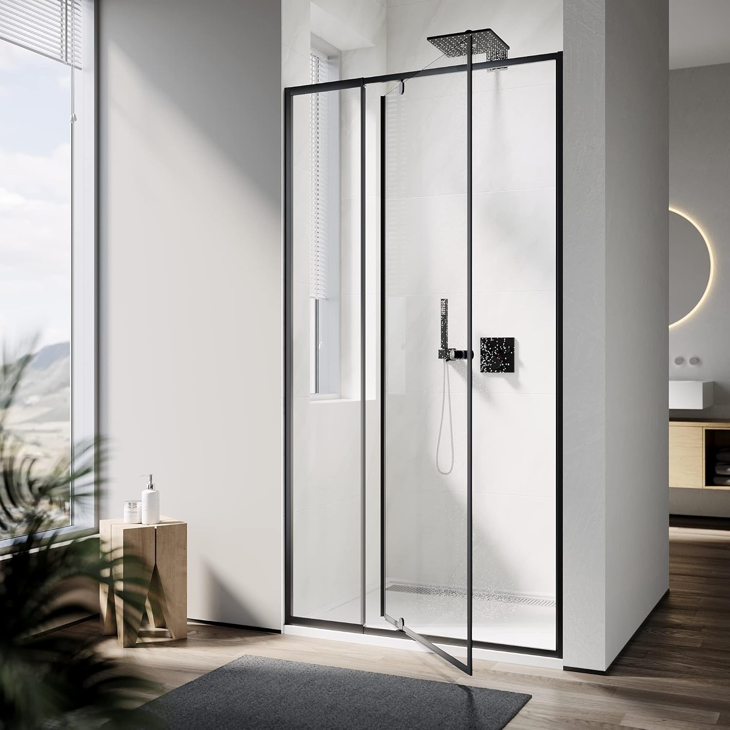 ELEGANT Semi-Frameless Shower Doors, Black Pivot Door, 5Mm Safety Glass Rail Adjustable, Fits 80-90Cm, Reversible Shower Enclosure Cubicle