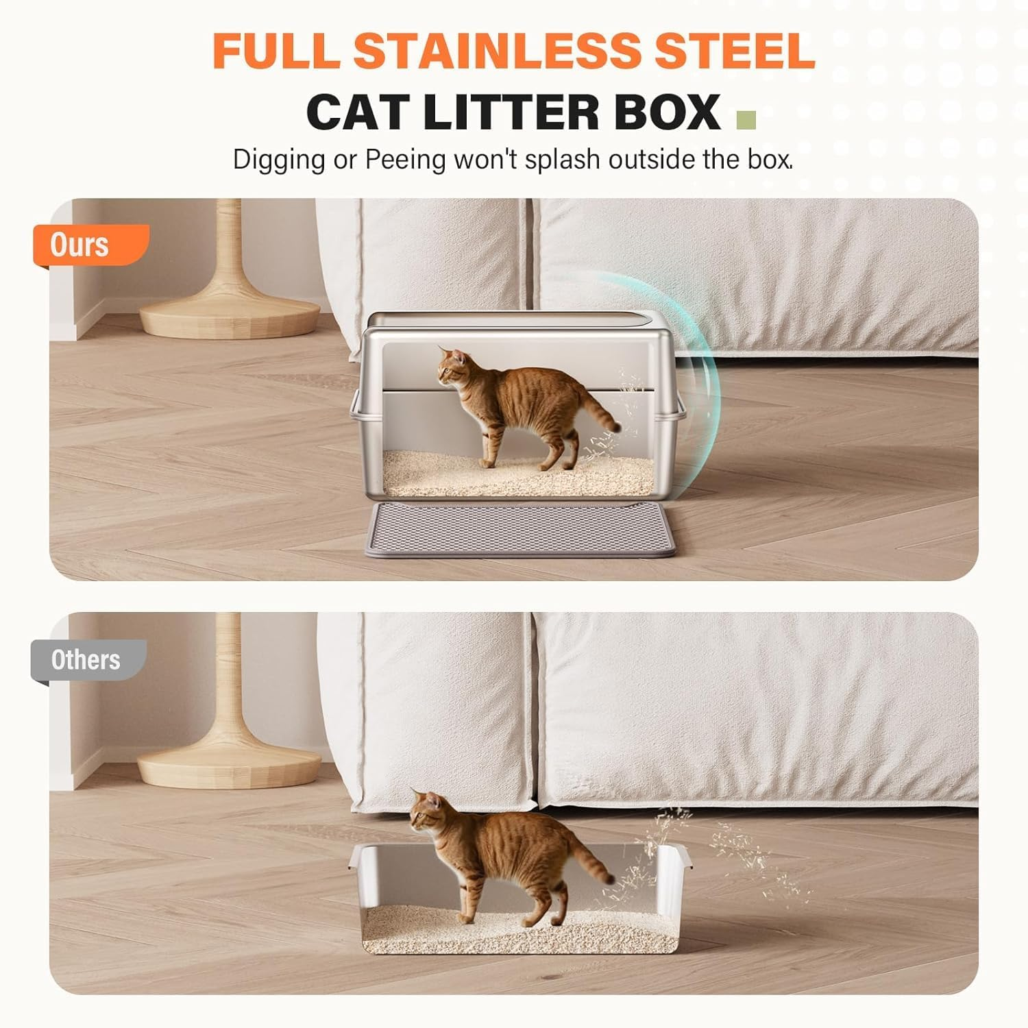Stainless Steel Litter Box with Lid, Extra Large Cat Litter Box, 60 X 30 X 40 CM Stainless Steel Cat Litter Box, Stainless Steel Cat Litter Tray Easy Cleaning Include Litter Mat with Scoop image number 2