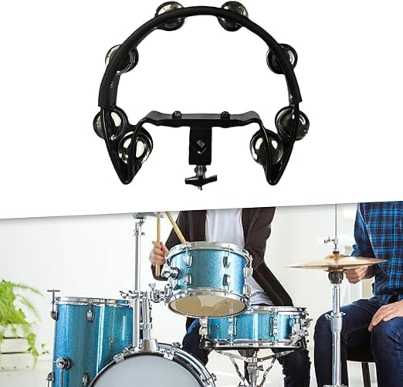 Tambourine and Cowbell Kit, Drum Set Tambourine with Mounting Eye Bolt, Mountable Tambourine and 7 Inch Cowbell for Drum Set(8 Double Rows of Jingles, Black) image number 4