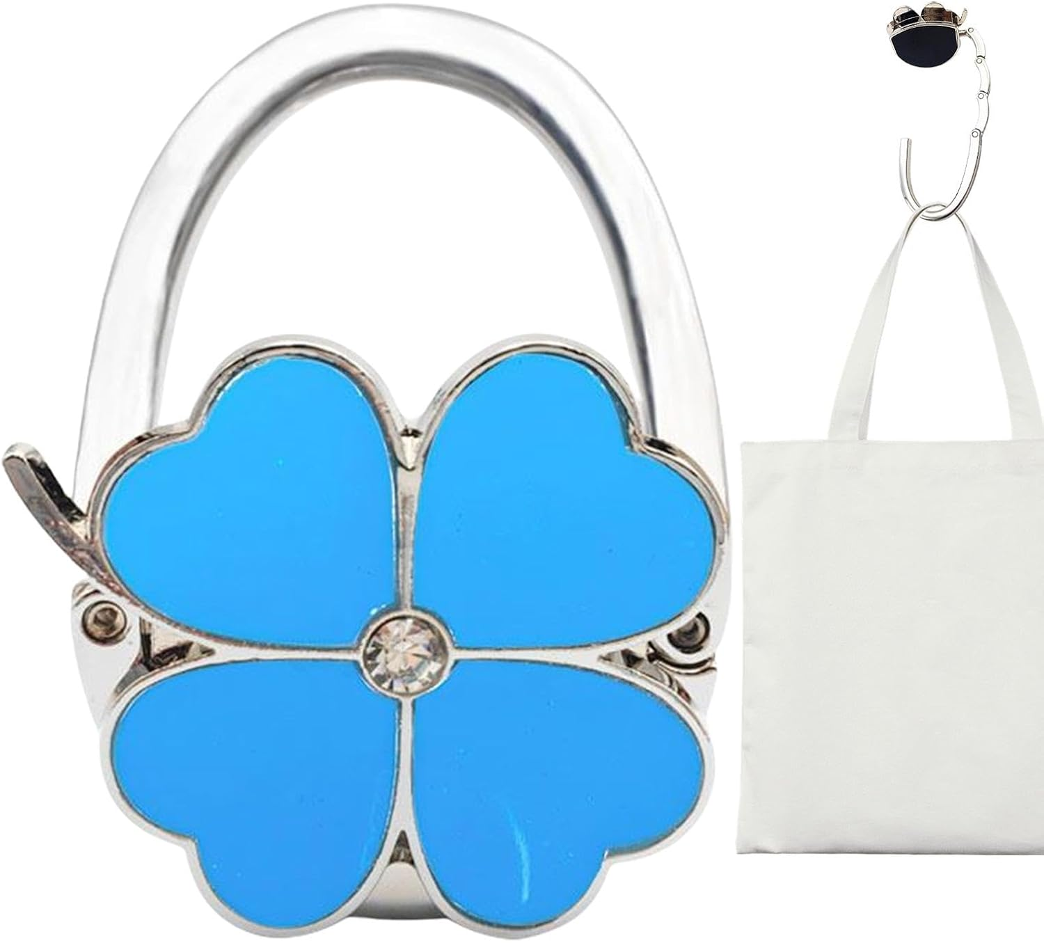 Purse Hook for Table, Folding Wallet Hook | Four Purse Clips Designed in Clover - Pocket Holder, Handbag Organizers, Desk Bag Hanger for Office - Blue image number 5