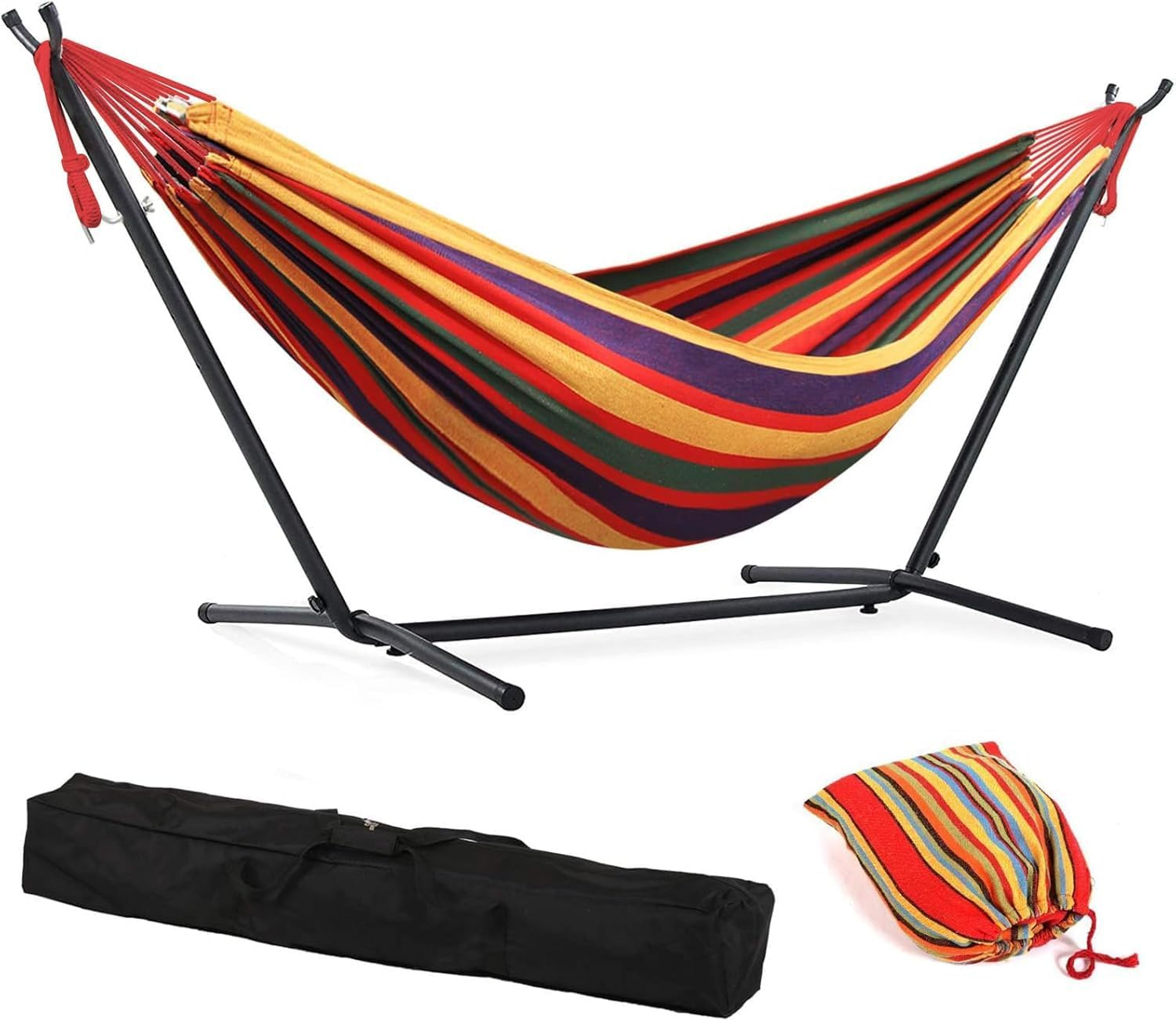 Double Hammock with Stand Heavy-Duty Space Saving Steel Stand outside Garden Yard Outdoor 600Lb Capacity Easy Assembly Hammocks and Portable Carrying Bag,Perfect for Indoor,Yard (Orange)
