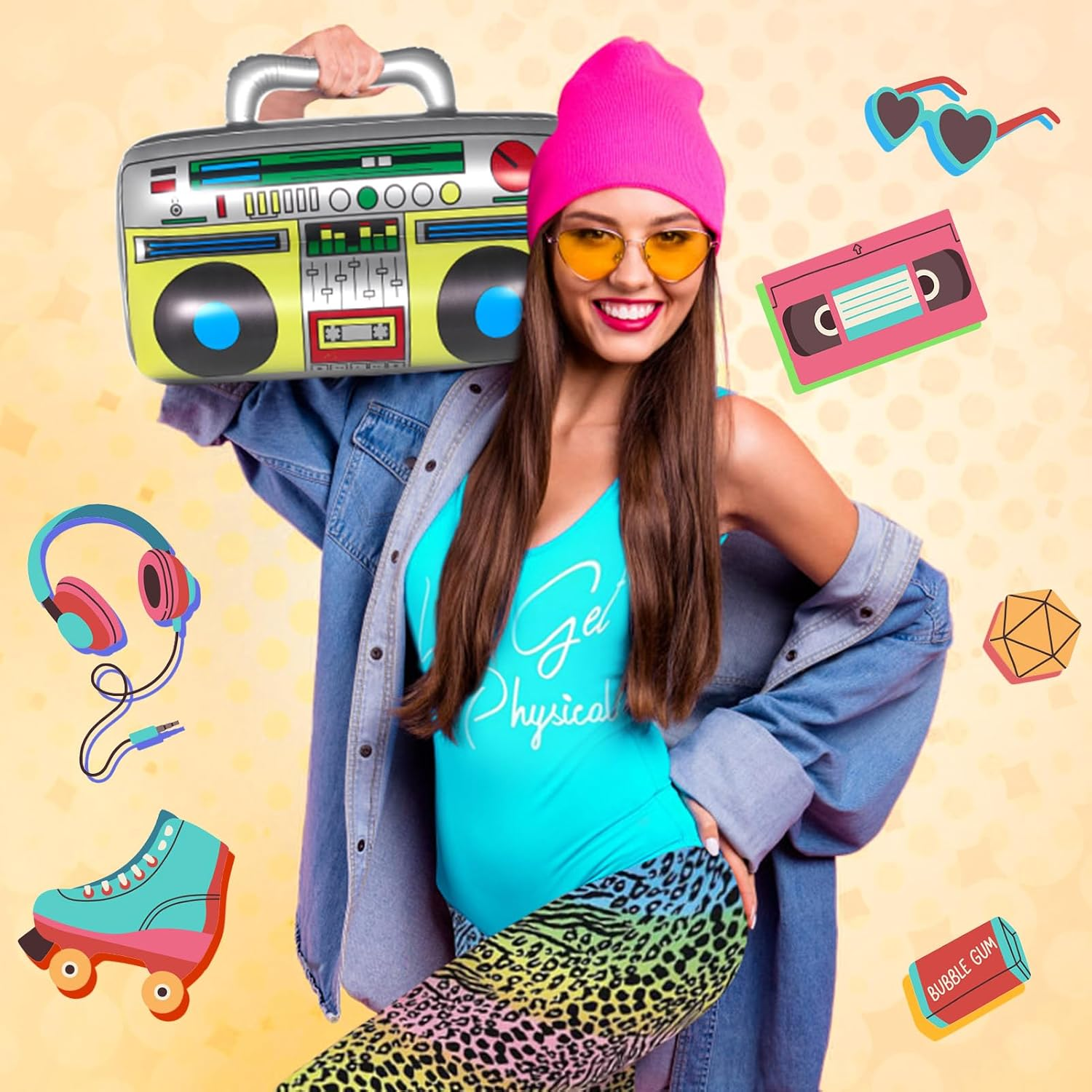 80S Costume Women 80S Workout Costume 70S 90S Retro Tracksuit with Vest Bottoms Leg Warmers Inflatable Radio Wrist Wraps Headband Set for 1980 Retro Parties Hen Do Parties Ladies image number 2