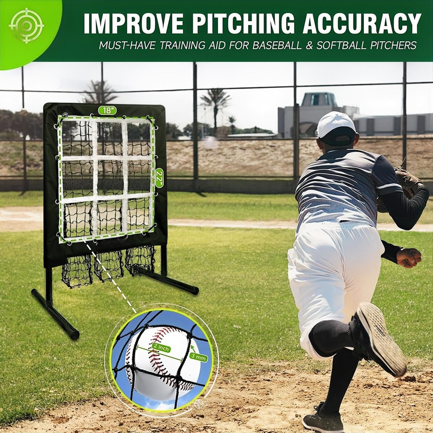 9 Hole Pitching Net, Heavy-Duty Baseball Net with Strike Zone for Pitching and Hitting, Height Adjustable Training Equipment with 9 Pocket Pitching Target for Baseball & Softball Practice image number 1