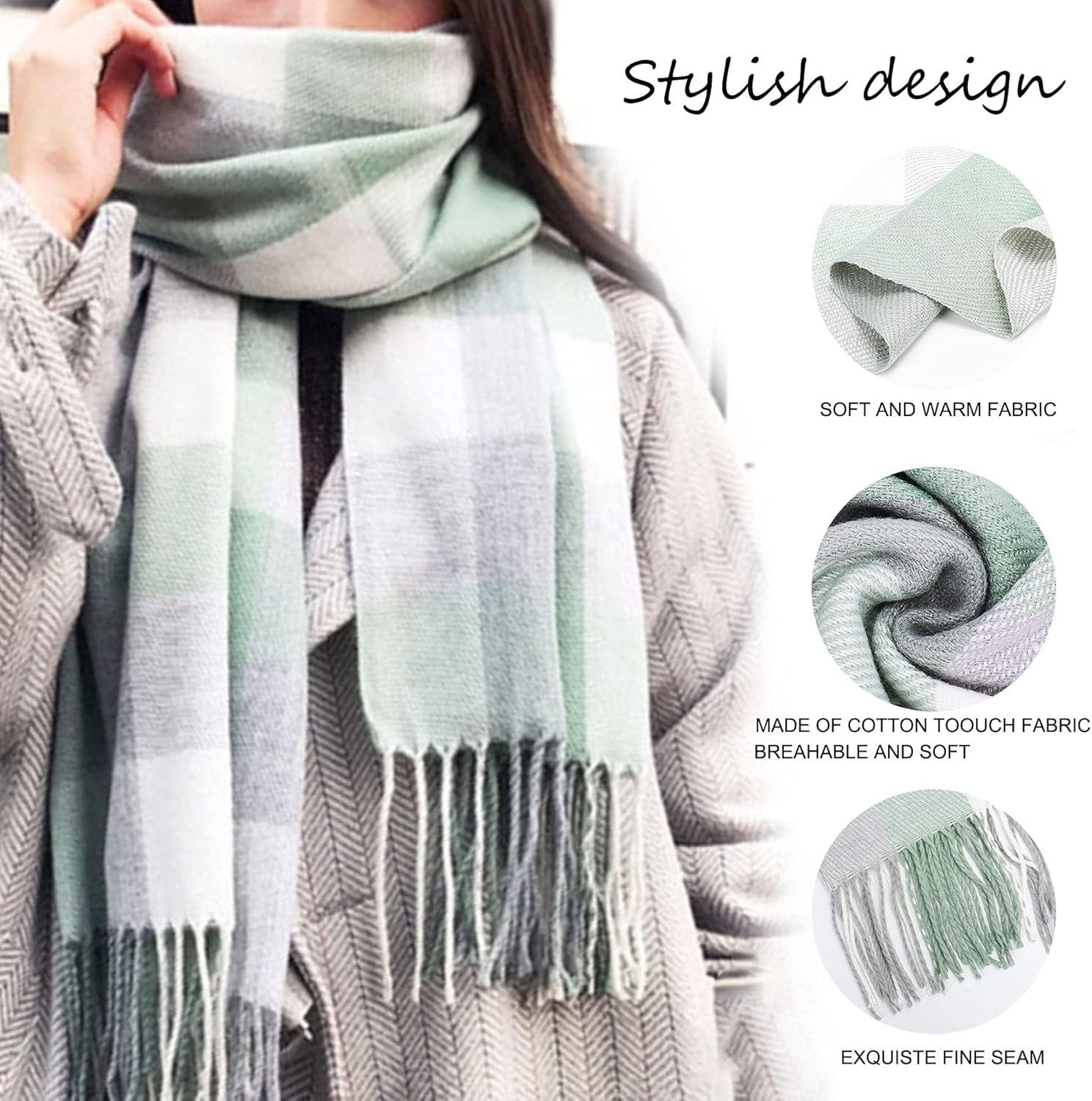 Women Tartan Scarf - Winter Long Scarves Plaid Warm Wraps Wool British Style for Ladies Spinning Tassel Shawl Long Stole image number 5