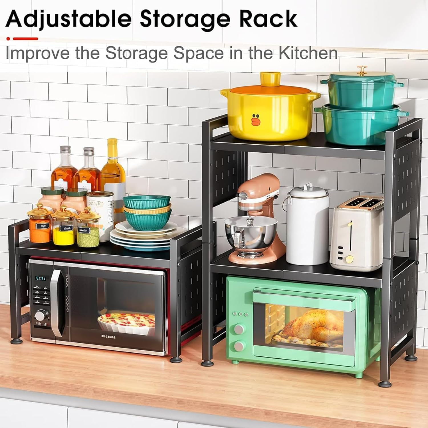 3 Tier Microwave Oven Rack, Adjustable Microwave Shelf Organizer with Hooks, Metal Kitchen Countertop Microwave Storage Expandable Stand, Black image number 6