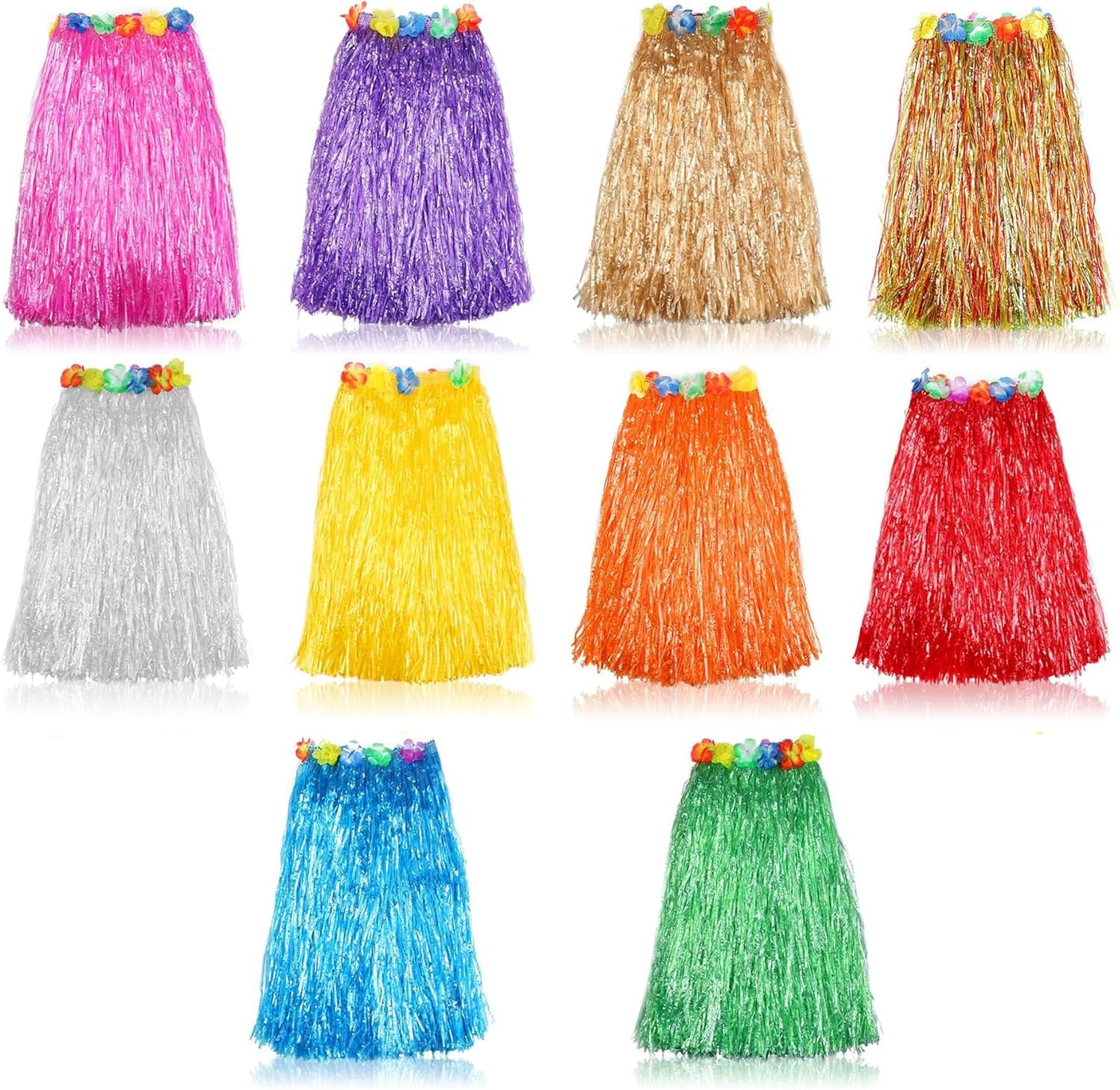 Grass Skirt Hawaiian Luau Hula Skirts Party Decorations Favors Supplies Multicolor Grass Skirts for Adult Elastic Hibiscus Flowers Tropical Skirt, Birthdays, Celebration 60CM 10Pack, Multicolored