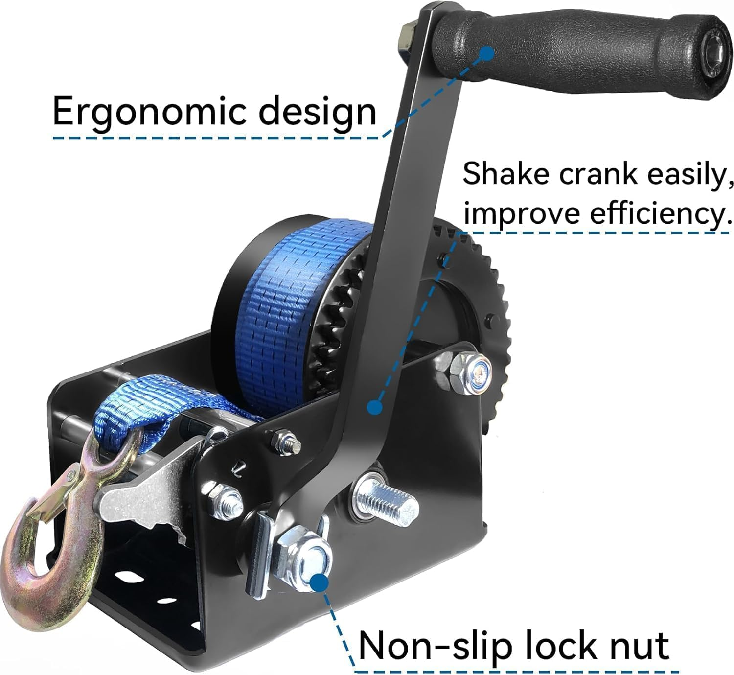 Boat Trailer Winch 3500Lbs/1587Kg with 33Ft(10M) Polyester Strap, Hand Winch Heavy Duty Hook and Comfortable Handle Two Way Ratchet and Two Speed Switchable for Boat Jet Ski Trailer Marine image number 1