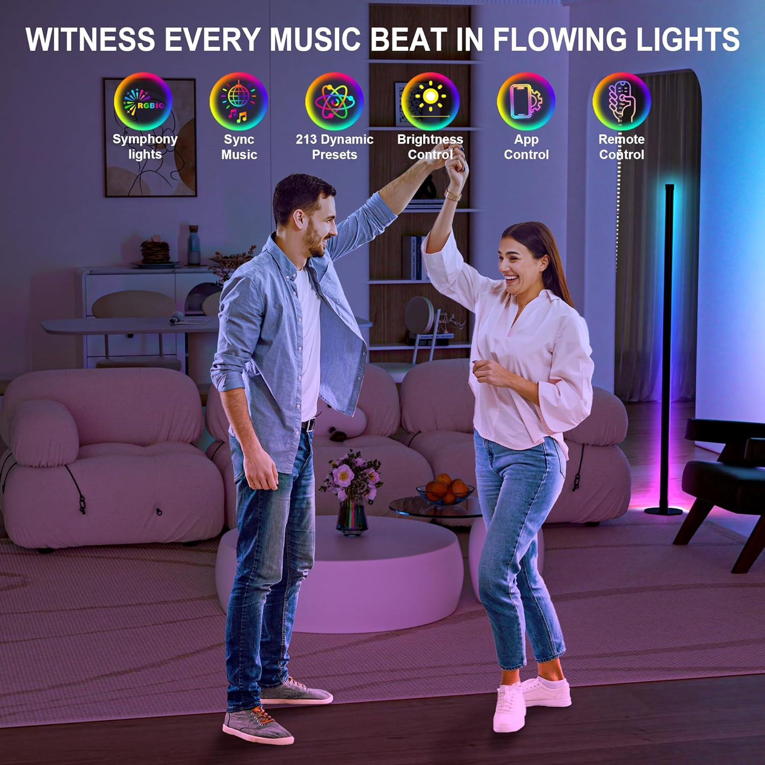 Cozylady 63&rdquo;RGB Floor Lamp, 160Cm LED Corner Lamp with Music Sync,16 Million DIY Colors, Timing, Dimmable Corner Light with App/Remote Control for Living Room Bedroom Gaming Room Decor image number 3