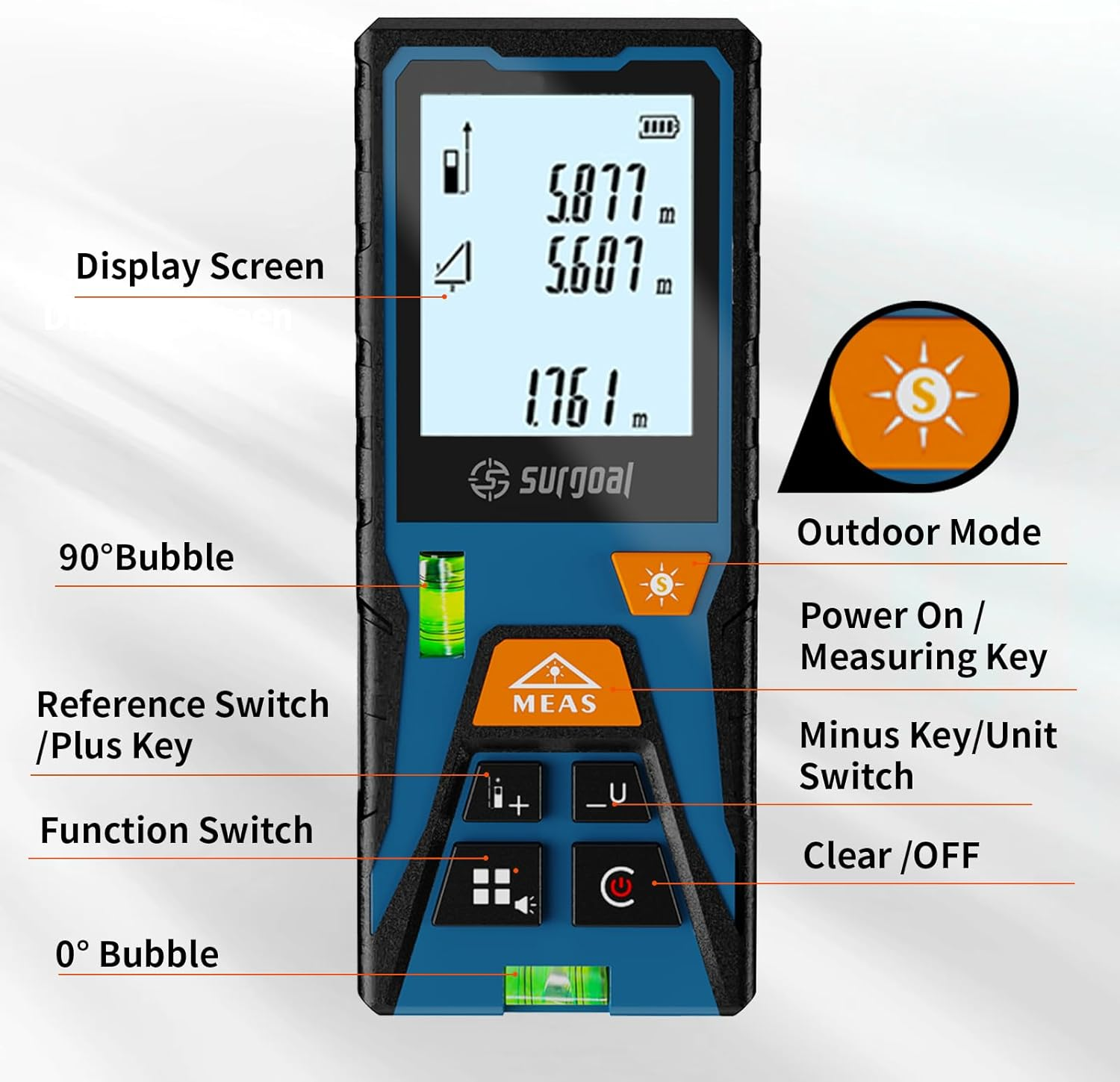 Laser Distance Meter 196Ft Digital Laser Measuring Tool with LCD Backlit Display, Pythagorean Mode, Area & Volume Calculation, &plusmn;2Mm Accuracy, Class II, Electronic Tape Measure for DIY and Construction - Elite-R 196Ft image number 2