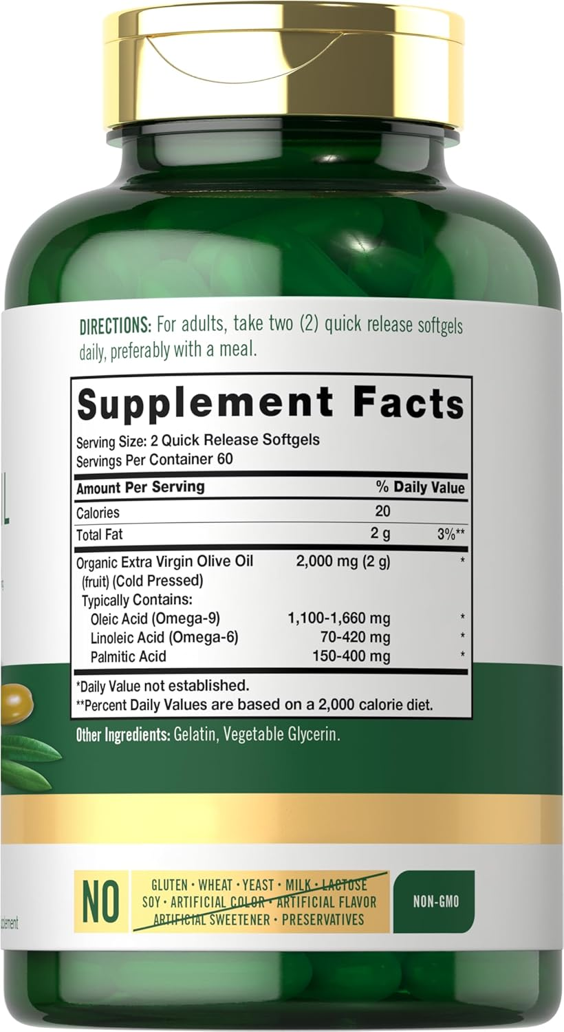 Olive Oil Supplement 2000Mg | 120 Softgels | Cold Pressed Extra Virgin Olive Oil | Non-Gmo, Gluten Free | by Carlyle