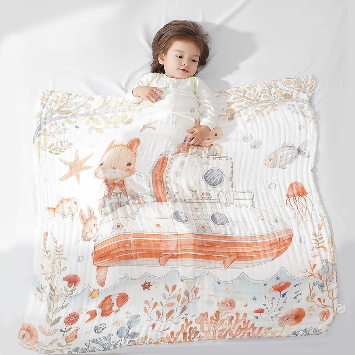 ZONEY Baby Swaddle Blankets,100% Cotton Muslin 6 Layer Crib Blanket Quilt Suit for Newborn,Baby Toddler Children and Kids, Super Soft, Lightweight Large Size 41.3X41.3Inchs (Submarine)