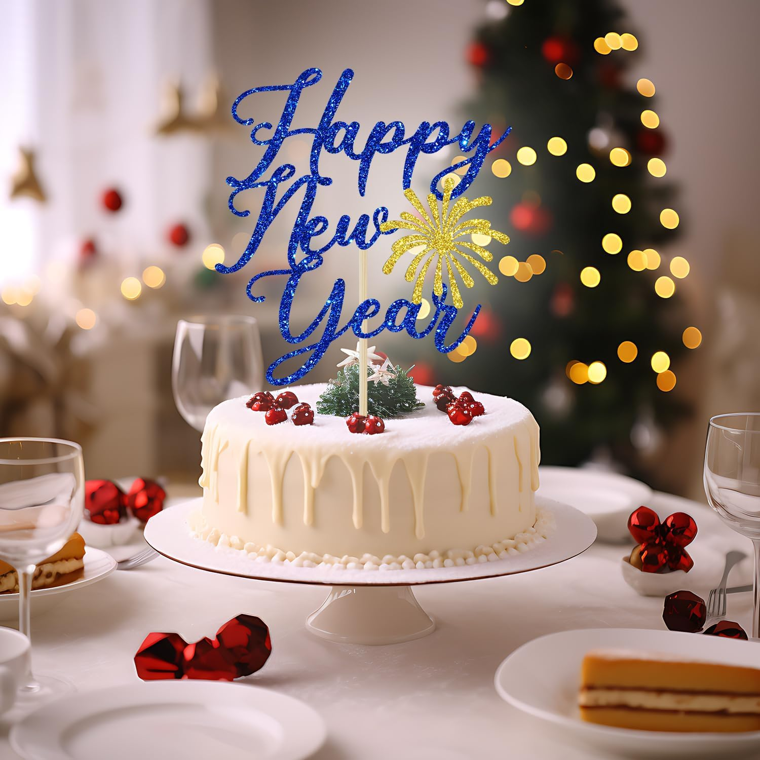 Happy New Year Cake Topper, 2025 Happy New Year Decorations, Hello 2025, Cheers 2025, New Years Eve Party Decorations Supplies, Blue Glitter image number 2