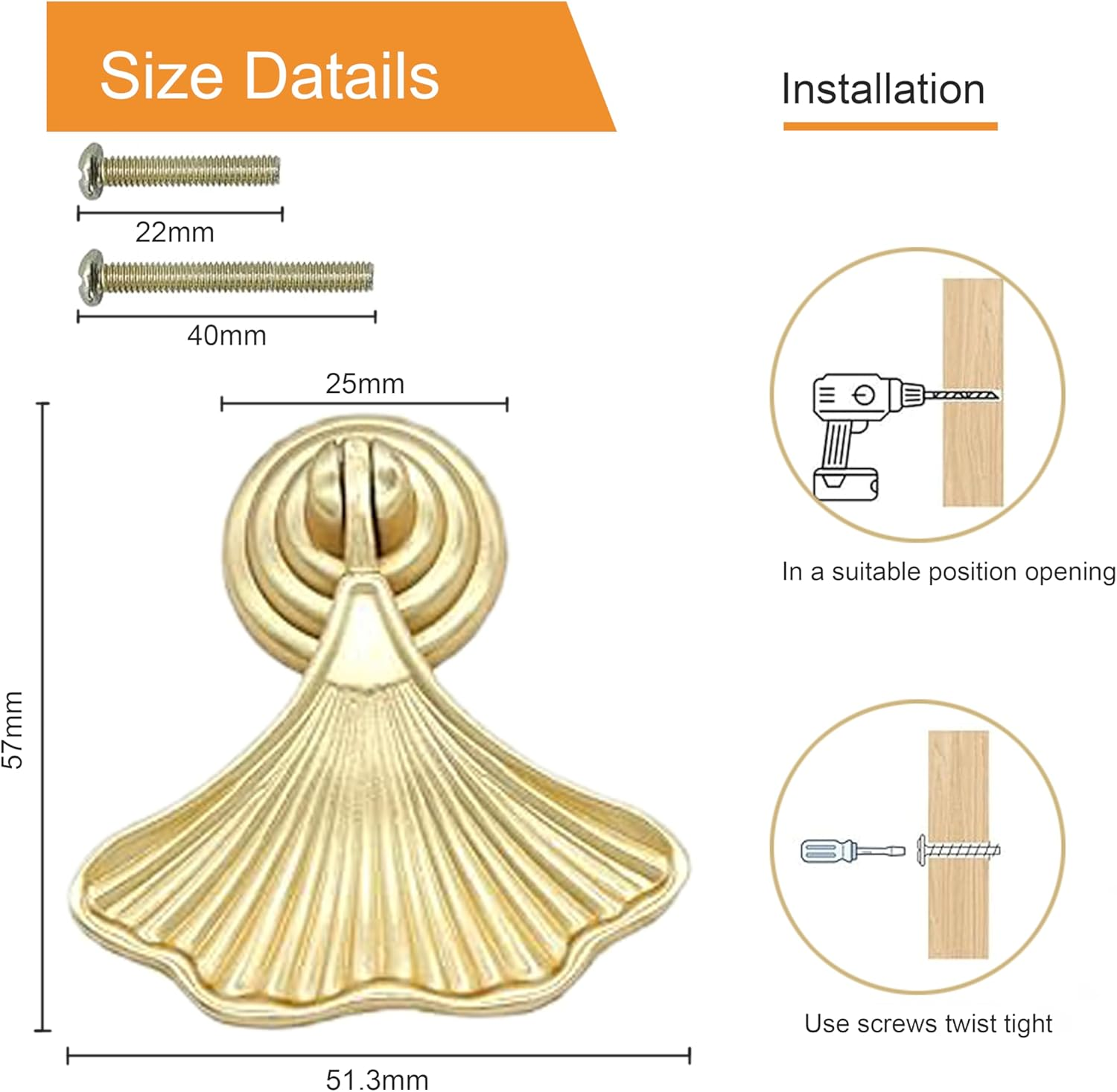 6 PCS Golden Ginkgo Leaf Shape Knob Handles, Drop Pendant Pull Handle with Screws, Hardware Drawer Single Hole Carved Pattern Handle for Wardrobe Cupboard Closets Cupboard image number 1