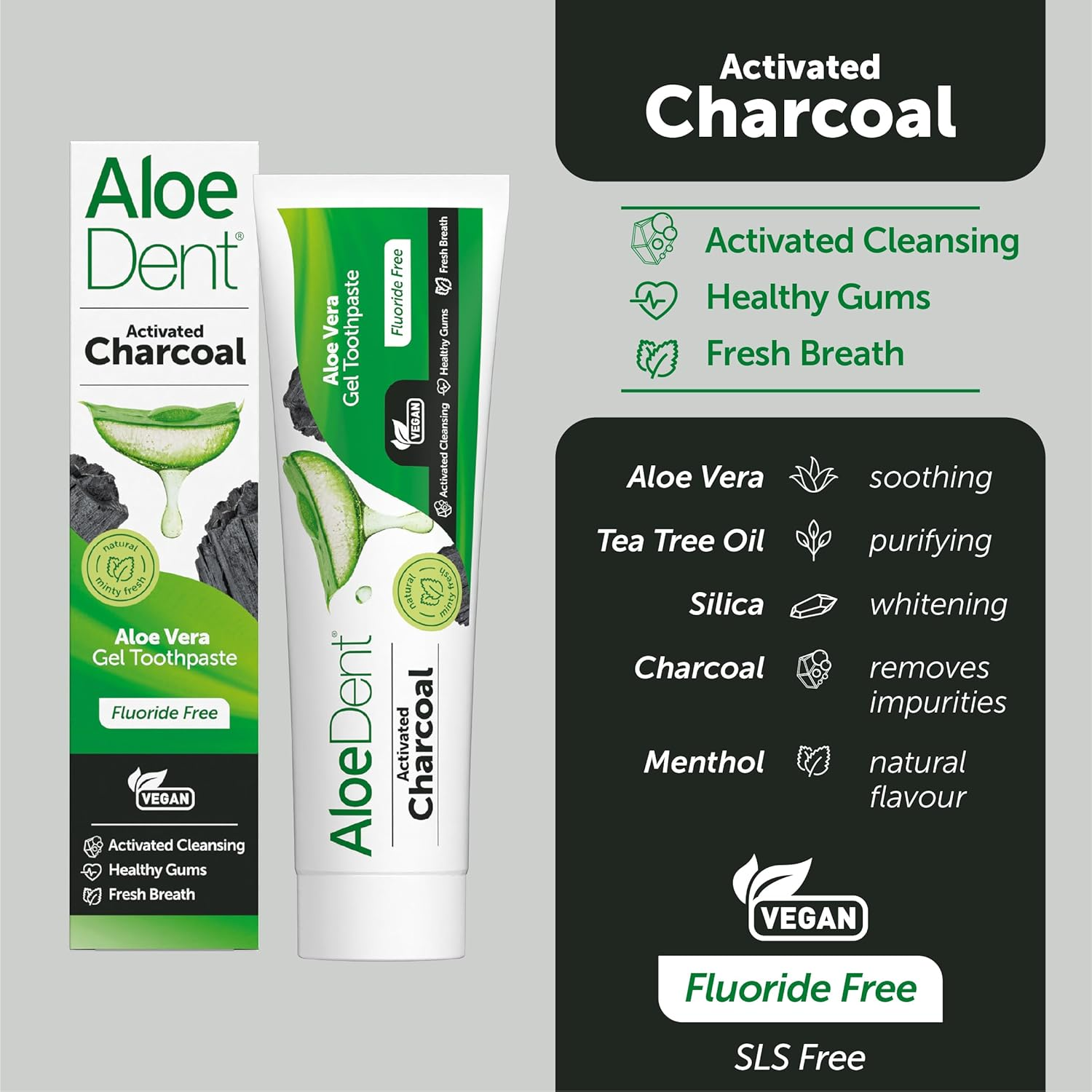 Aloe Dent Charcoal Toothpaste Fluoride Free, Natural Action, Vegan, Cruelty Free, SLS Free, Whitening, Healthy Gums, 100 Ml