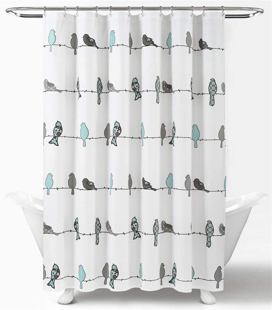 Lush Decor Rowley Birds Shower Curtain, 72&rdquo; W X 72&rdquo; L, Blue & Gray - Colorful Floral Bird Pattern - Whimsical & Playful Bird Shower Curtain - Farmhouse, Coastal, & Boho Bathroom Decor