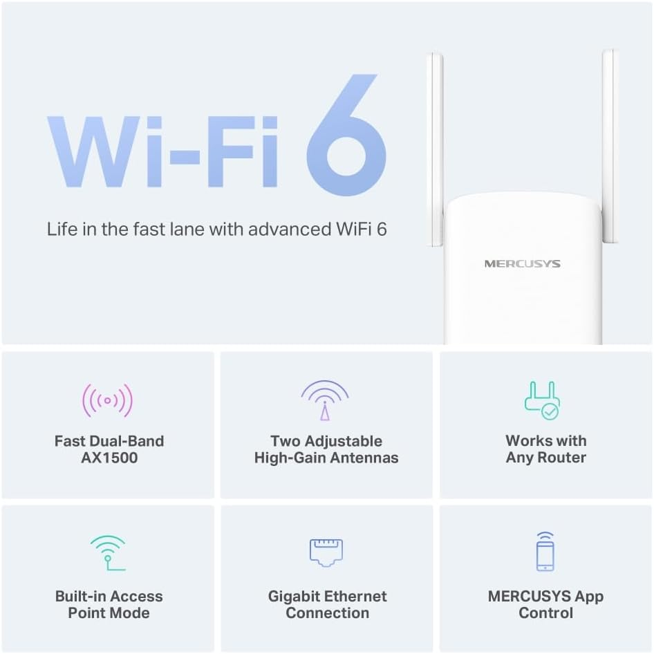 Mercusys AX1500 Wi-Fi 6 Range Extender, Dual Band, Gigabit Ethernet Connection, 2&times; Adjustable High-Gain Antennas, Built-In Access Point Mode, Seamless Wifi, Easymesh, Easy Setup, App Control (ME60X) image number 1