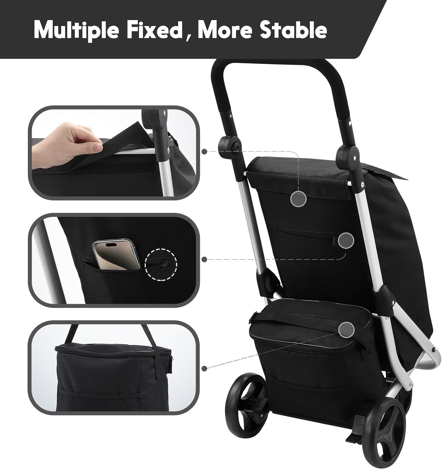 Maxkon Aluminium Shopping Trolley Waterproof Utility Cart Foldable Shop Grocery Bag with Insulation Bag Market Luggage with Wheels Black 45L