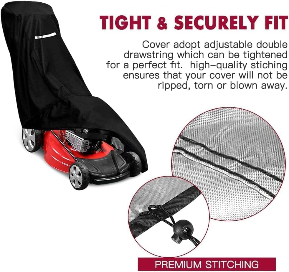 Outdoors Lawn Mower Cover, Heavy Duty 420D Lawn Mower Covers Polyester Oxford Outdoor Waterproof Universal UV Dust Protection Universal Fit Push Mower with Drawstring & Cover Storage Bag image number 5