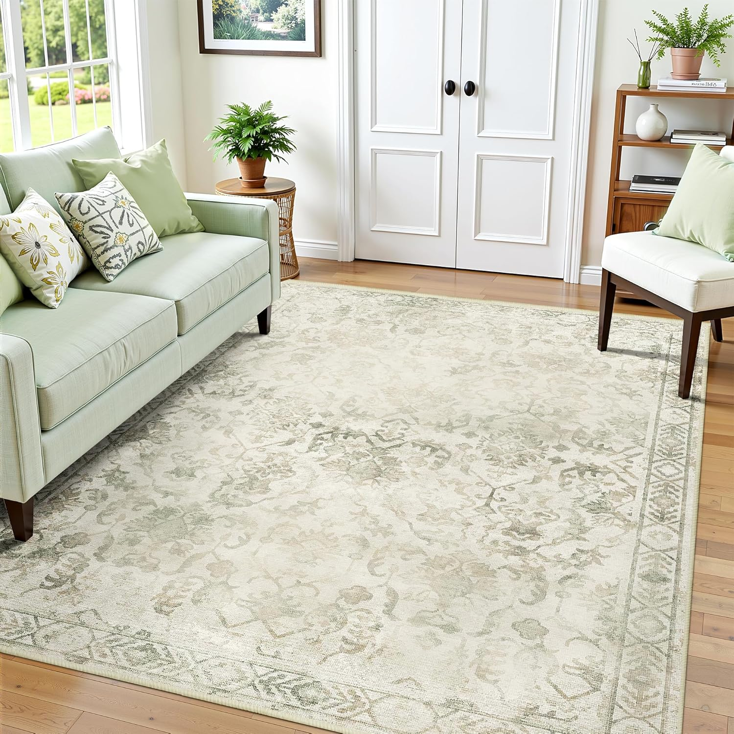 YOUZI Large Vintage Rugs for Living Room, Soft Low Pile Floral Area Rug Washable Non-Slip Boho Oriental Floor Rugs for Bedroom Kitchen Office Dining Room (Lightgreen, 200X300Cm)