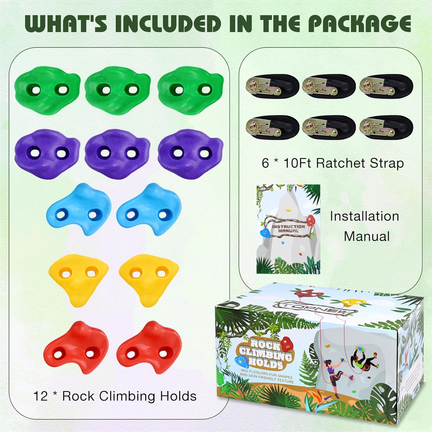 TOPNEW 12 Ninja Tree Climbing Holds for Kids Climber, Adult Climbing Rocks with 6 Ratchet Straps for Outdoor Ninja Warrior Obstacle Course Training image number 3