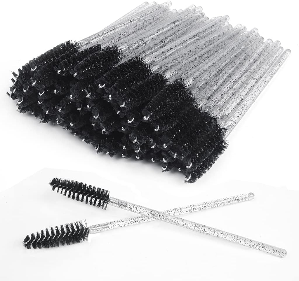 SWKJ 60 PCS Disposable Eyelash Brushes, Spoolies Eyebrow, Mascara Wands Applicator Lash Brushes Castor Oil Brush Cosmetic Makeup Tools(Crystal-Black)
