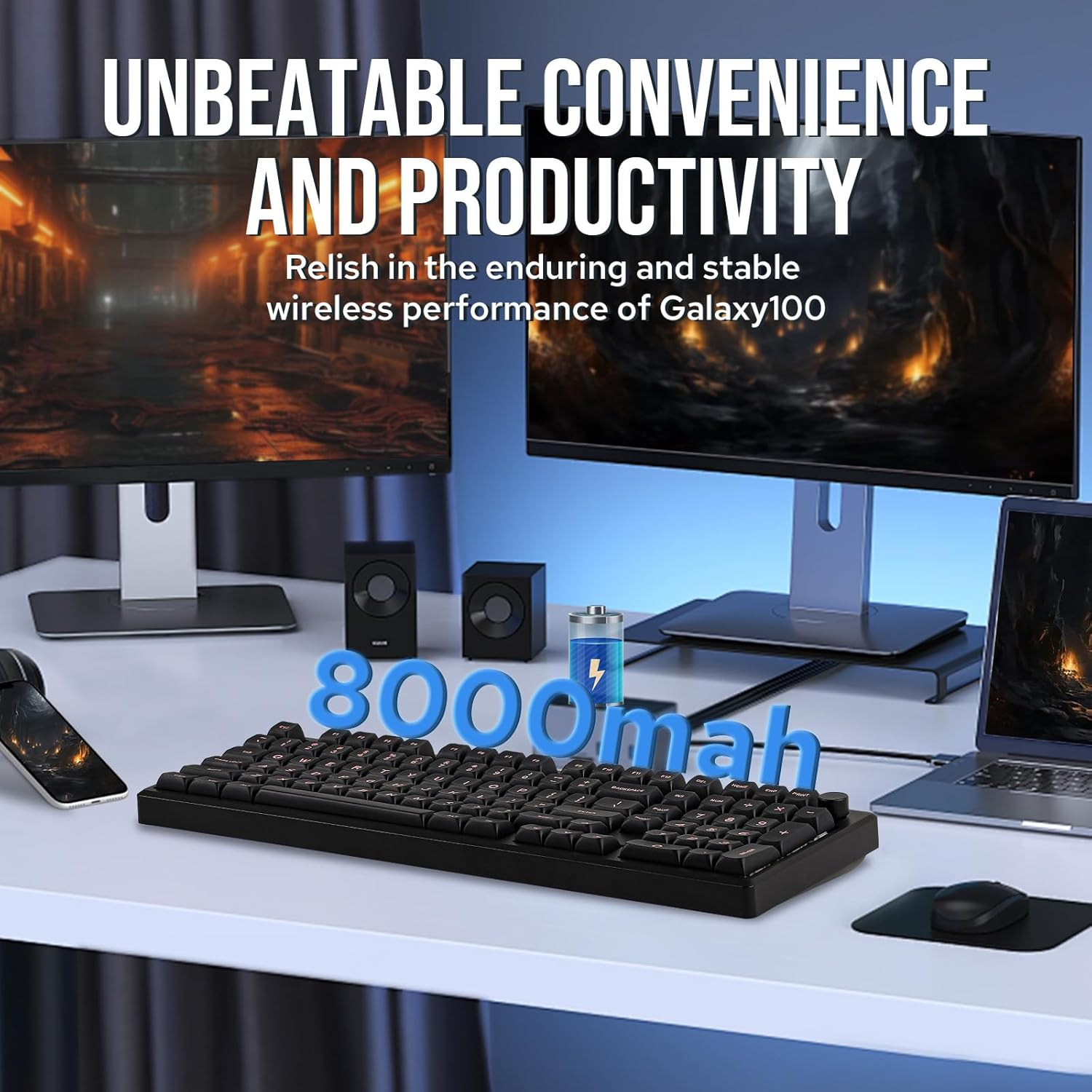 EPOMAKER Galaxy100 QMK/VIA Gaming Keyboard with 8000Mah Battery, 1800 Aluminum Mechanical Keyboard with Numpad, Usb-C/Bt5.0/2.4Ghz Programmable Keyboard (Black, Wisteria Linear Switch) image number 3