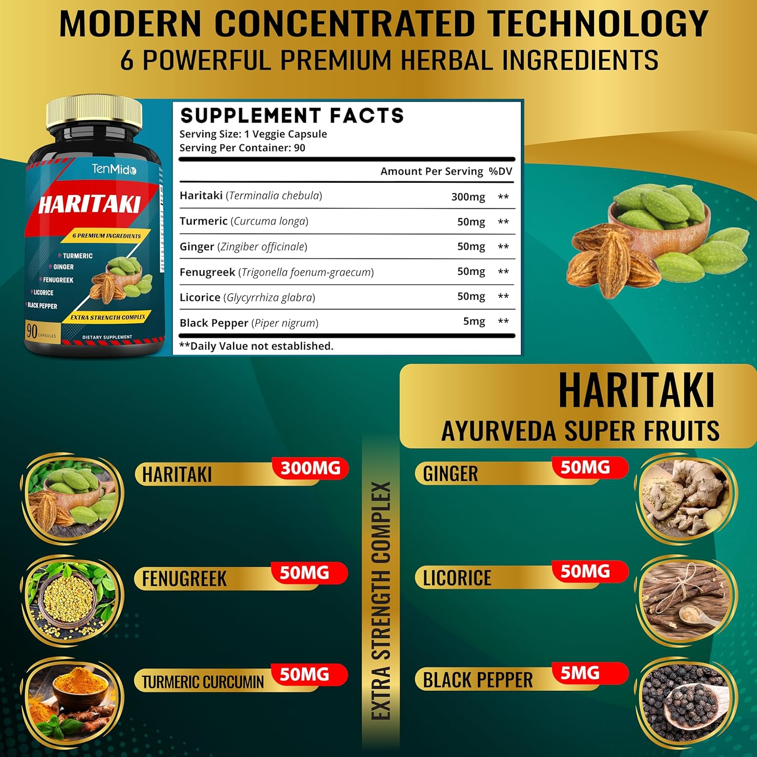 Haritaki Supplements Extract Capsules with Turmeric, Ginger, Fenugreek, Licorice, Black Pepper | Nourishes, Rejuvenates Body | 3 Months Supply, 90 Capsules image number 3