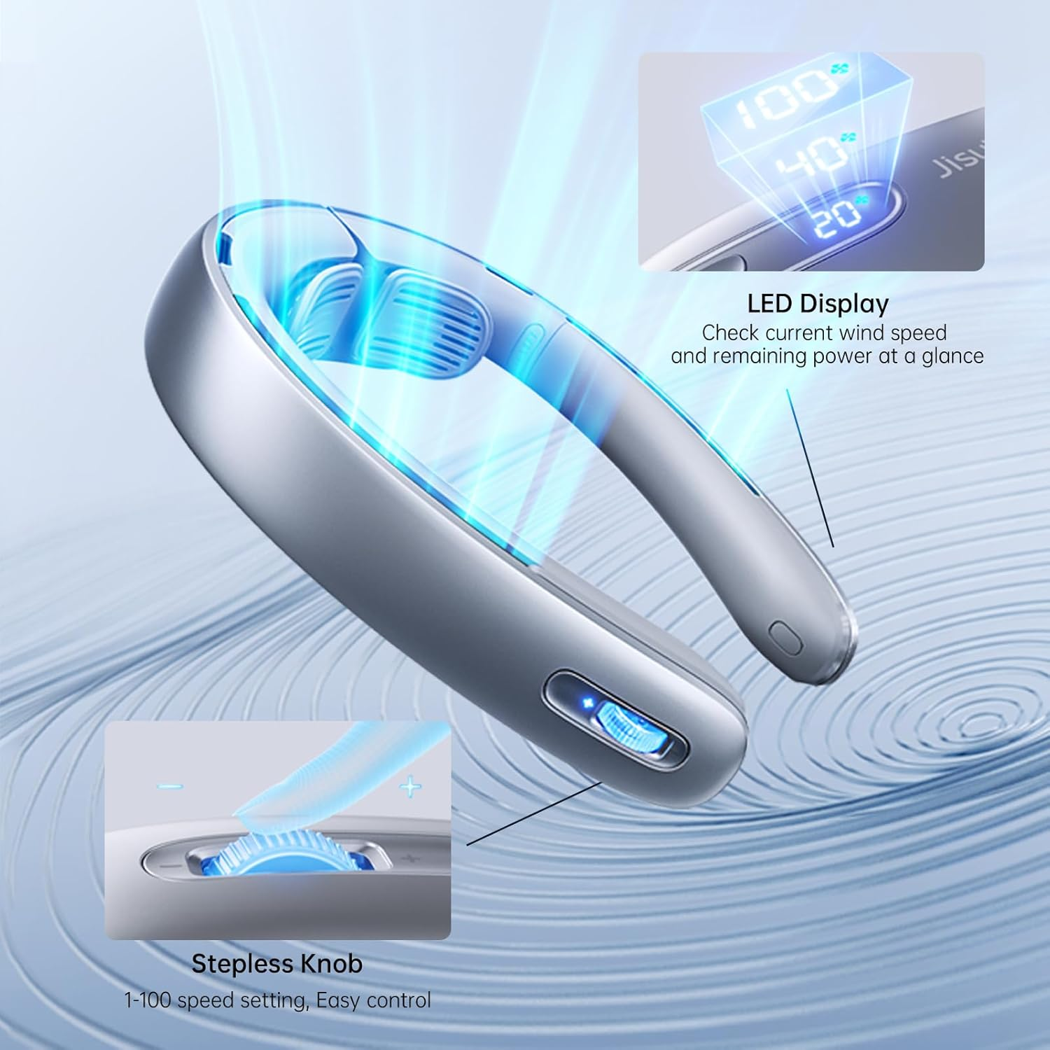 JISULIFE Portable Neck Fan, 5000 Mah Battery Operated Rechargeable Fan, Personal Wearable Fan with Necksupport, 100 Speeds Bladeless Fan with LED Display, Fashionable Gifts for Women Men-Grey image number 4